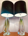 Pair of Val St Lambert Pale Green Crystal Table Lamps