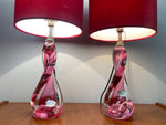 Pair of Val St Lambert Twisted Pink Lamp Bases inc Shades