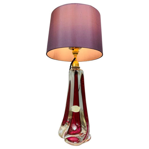 1950s Val St Lambert Red & Brass Glass Table Lamp