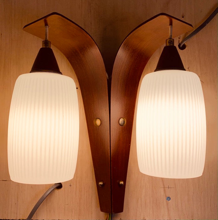 1960s Teak & Double Ribbed Glass Shade Wall Lights – retro living uk