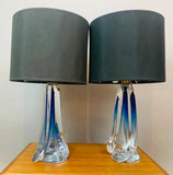 Pair of 1950s Val St Lambert Blue Glass Table Lamps