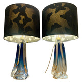 Pair of 1950s Val St Lambert Blue Glass Table Lamps