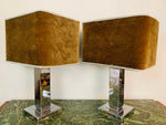 Pair of 1970s Square Chrome Table Lamps inc Original Shades