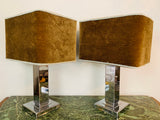 Pair of 1970s Square Chrome Table Lamps inc Original Shades