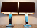 Pair of 1970s Square Chrome Table Lamps inc Original Shades