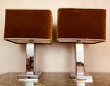 Pair of 1970s Square Chrome Table Lamps inc Original Shades