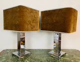 Pair of 1970s Square Chrome Table Lamps inc Original Shades