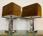 Pair of 1970s Square Chrome Table Lamps inc Original Shades